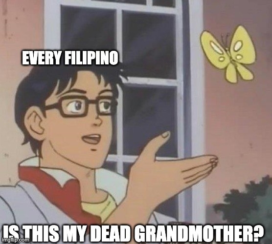 Meme. Guy labeled &quot;every Filipino&quot; pointing at butterfly. Caption says: &quot;Is this my dead grandmother?&quot;