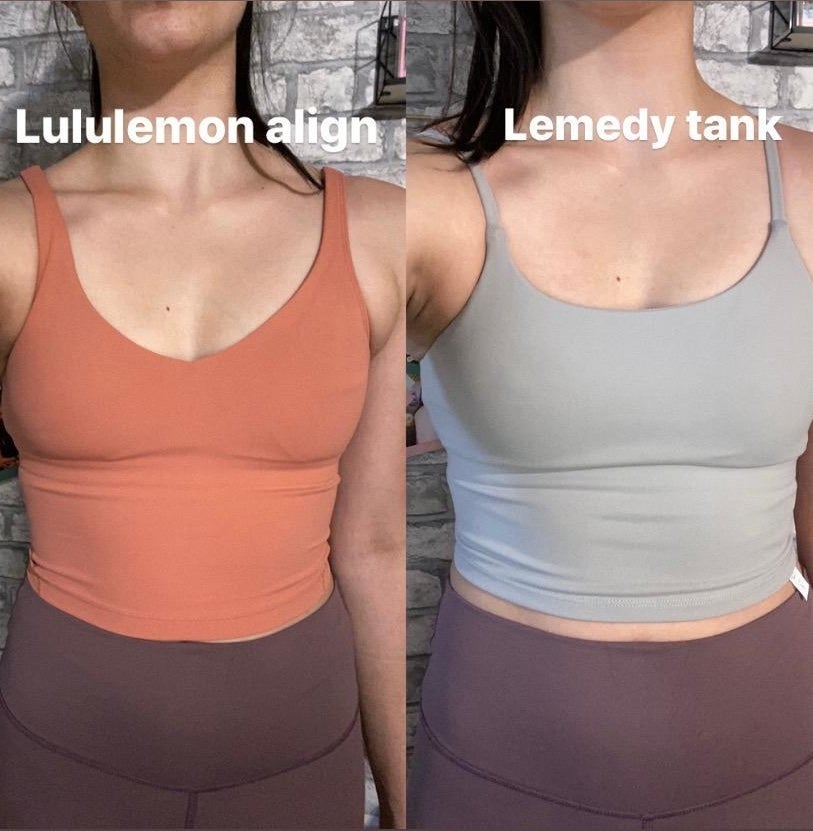 reviewer wearing orange Lululemon align top (left) compared to Lemedy blue top (right). Lemedy tank is about a 1-2 cm shorter in length and has thinner straps but otherwise the look is almost the same
