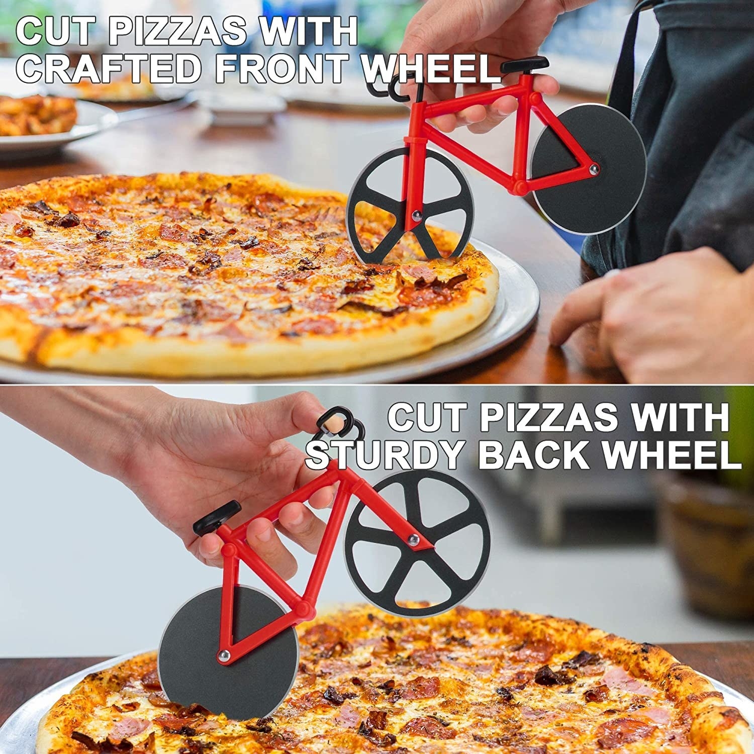 a bicycle shaped pizza cutter being used to cut pizza