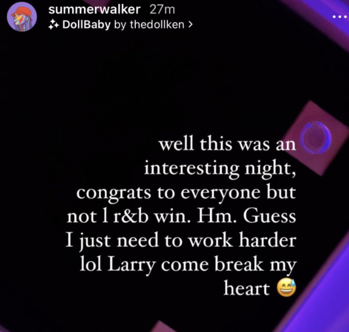 In an Instagram post, Summer congrats the winners but laments that she didn&#x27;t win and vows to work harder next time