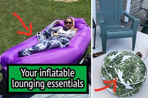 L: a reviewer laying on an inflatable lounger, R: a reviewer photo of a chair with a round inflatable ottoman sitting next to it and text reading "your inflatable lounging essentials"