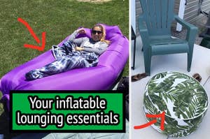 L: a reviewer laying on an inflatable lounger, R: a reviewer photo of a chair with a round inflatable ottoman sitting next to it and text reading "your inflatable lounging essentials"