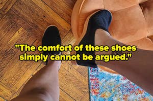 close up of buzzfeed writer taylor steele wearing the barton shoes in jet black gum in their bedroom with text that reads "the comfort of these shoes simply cannot be argued"