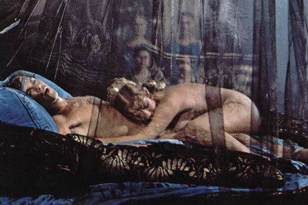 Helen Mirren hugging an actor in &quot;Caligula&quot;