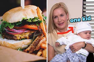 On the left, a burger and fries, and on the right, Angela from The Office holding baby Phillip with an arrow pointing to him and one kid typed above his head