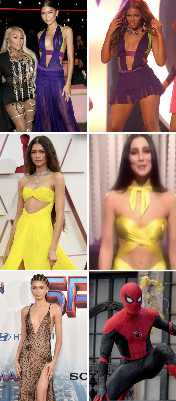 Side-by-side photos showing Zendaya wearing the same dresses as Beyonce and Cher, and her Spider-Man inspired dress