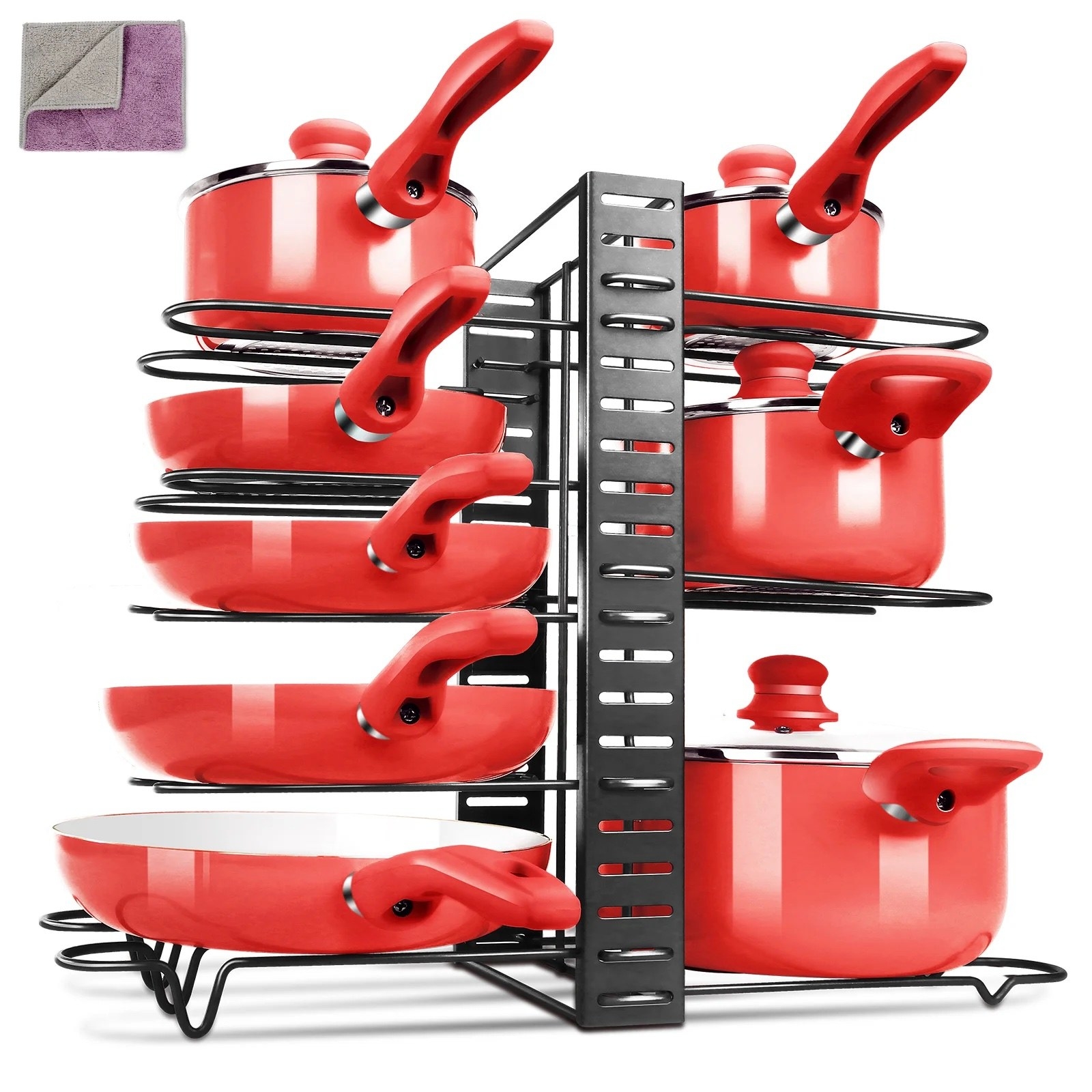 a pot rack holding eight red pots