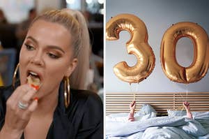 On the left, Khloe Kardashian eating potato chips, and on the right, someone lying in bed holding up a 3 balloon and a 0 balloon