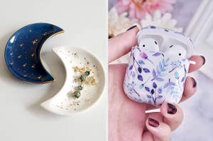 moon-shaped trinket dishes, floral airpods case