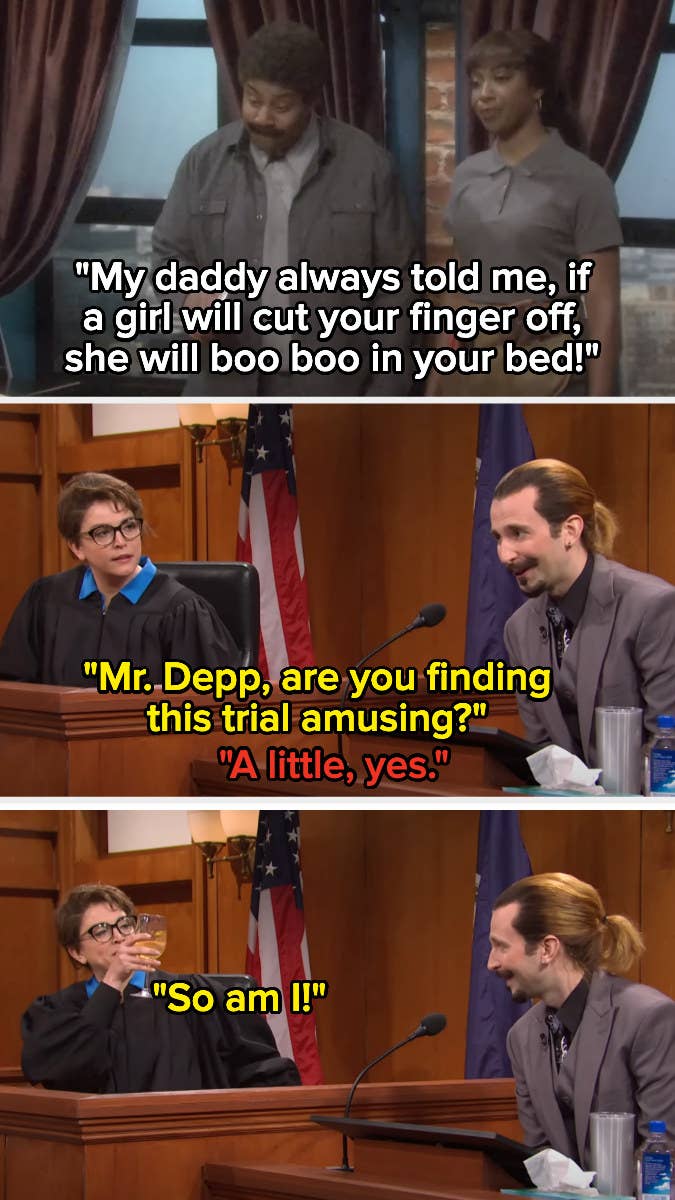A skit in someone makes a joke about pooping in the bed, with Johnny Depp laughing, saying the trial is amusing, and the judge agreeing