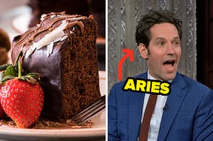 On the left, a slice of chocolate cake on a plate next to a strawberry, and on the right, Paul Rudd with an arrow pointing to him and Aries typed under his chin