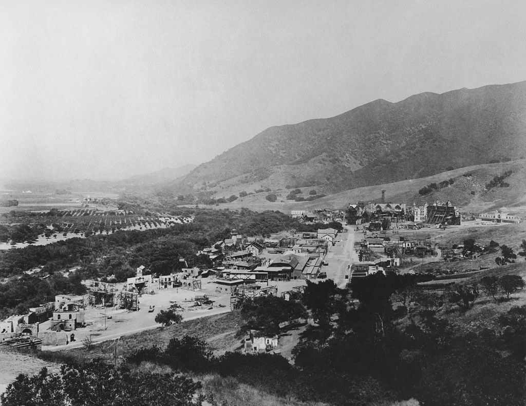 A view over the back lot at Universal City Studios in 1921, which shows the lot to be huge with several buildings