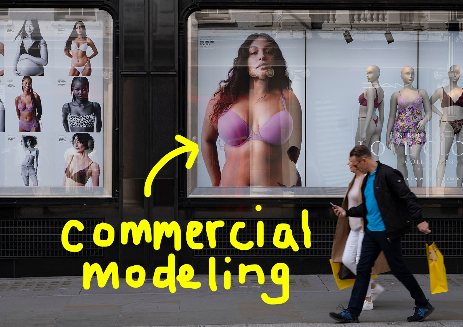 An ad for underwear on the side of a street, with an arrow pointing to the ad and saying &quot;commercial modeling&quot;