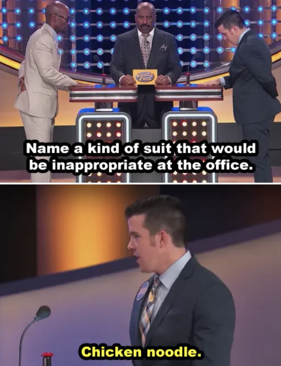 a suit that would be appropriate at the office, contestant says chicken noodle