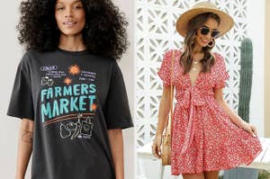 A farmer's market tee and a person wearing a flowy dress
