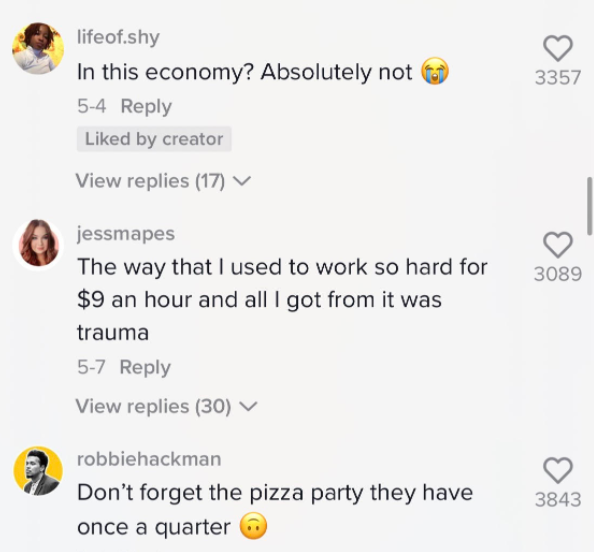 More comments agreeing with Maysun: One said &quot; The way I used to work so hard for $9 an hour and all I got from it was trauma