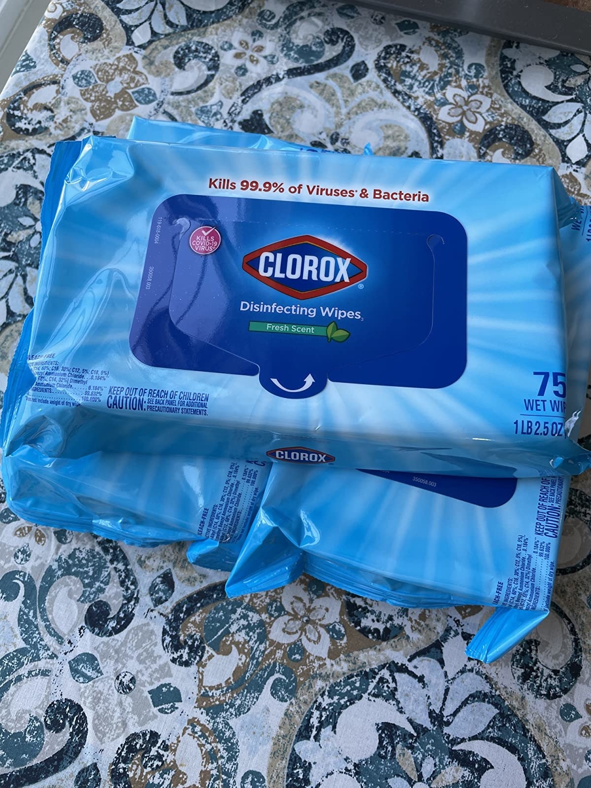 Three packs of Clorox disinfecting wipes