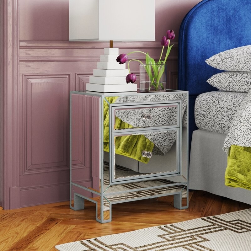 mirrored nightstand with two drawers