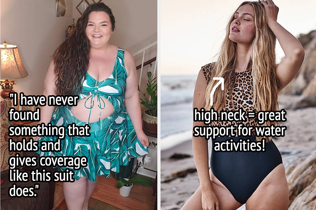 swim dress on the left and high neck swimsuit