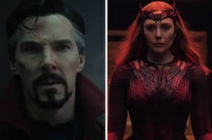 On the left is Benedict Cumberbatch as Dr Strange looking worried and on the right is Elizabeth Olsen as Wanda Maximoff astral projecting