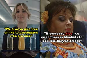 Side-by-side of a flight attendant carrying drinks and a flight passenger sleeping