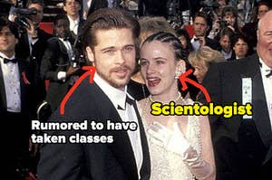 Brad Pitt with Juliette Lewis at a red carpet event with text indicating that Lewis is a Scientologist and Pitt was rumored to have taken classes