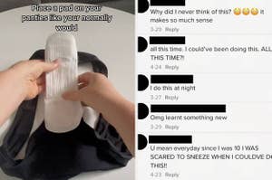 Left: Screengrab of a TikTok by user alicewilliams of a menstrual pad placed vertically on a pair of underwear Right: The comment section of a video by user alicewillliams