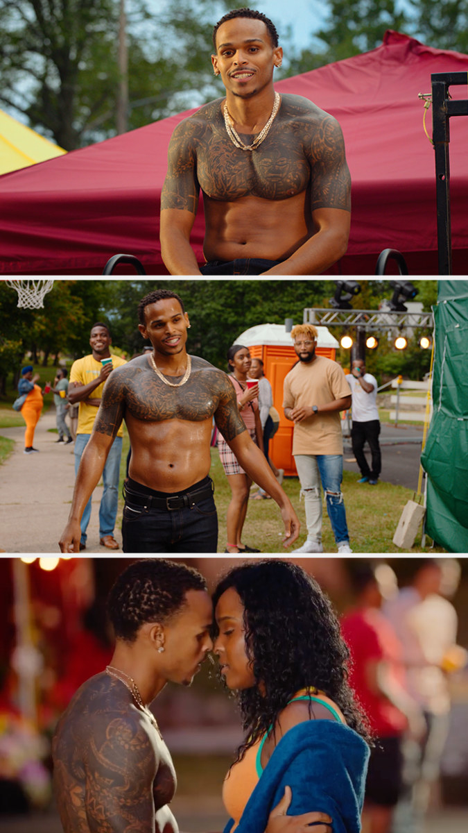 Various shots of shirtless Terayle Hill, one in which he kisses Antoinette Robertson