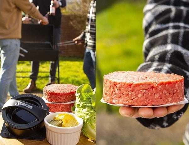 The burger press with raw patty meats stacked next to it while people grill in the background