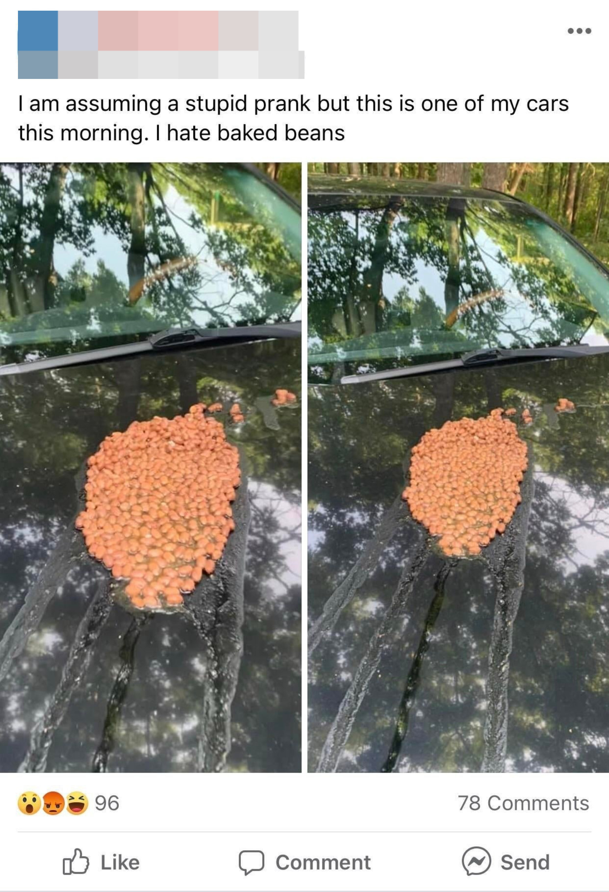 someone getting pranked by someone putting beans on their car