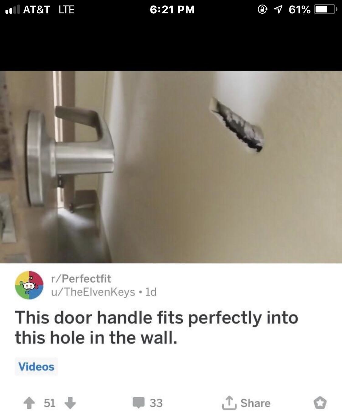 post on the perfect fit subreddit about a door handle fitting perfectly into a hole in the wall