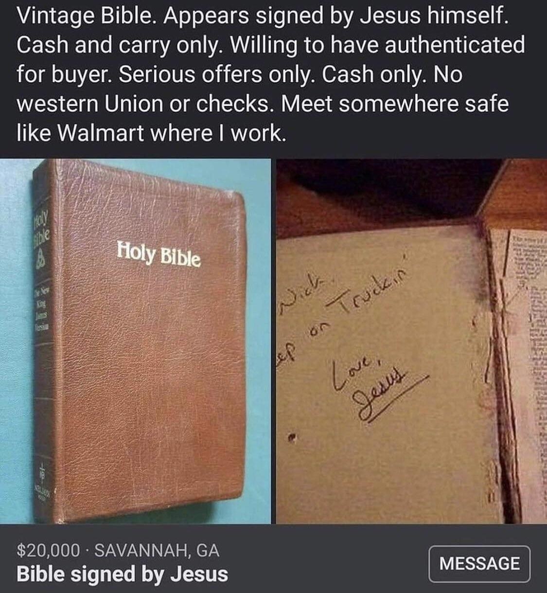bible for sale supposedly signed by jesus