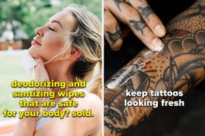 left image: deodorizing and sanitizing body wipes, right image: person using mad rabbit balm on tattoos
