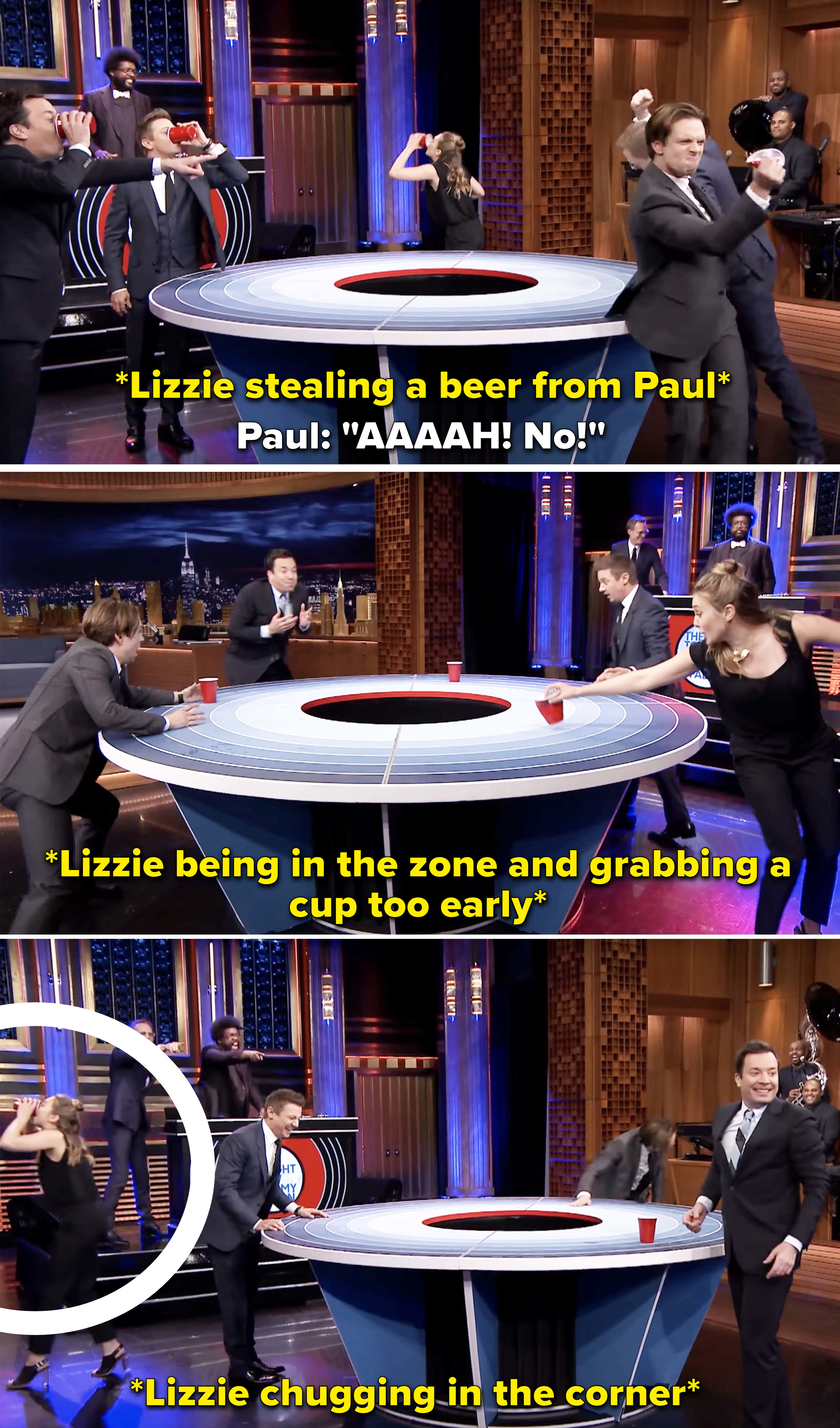 Elizabeth Olsen, Jeremy Renner, Jimmy Fallon, and Paul Bettany playing Musical Beers.