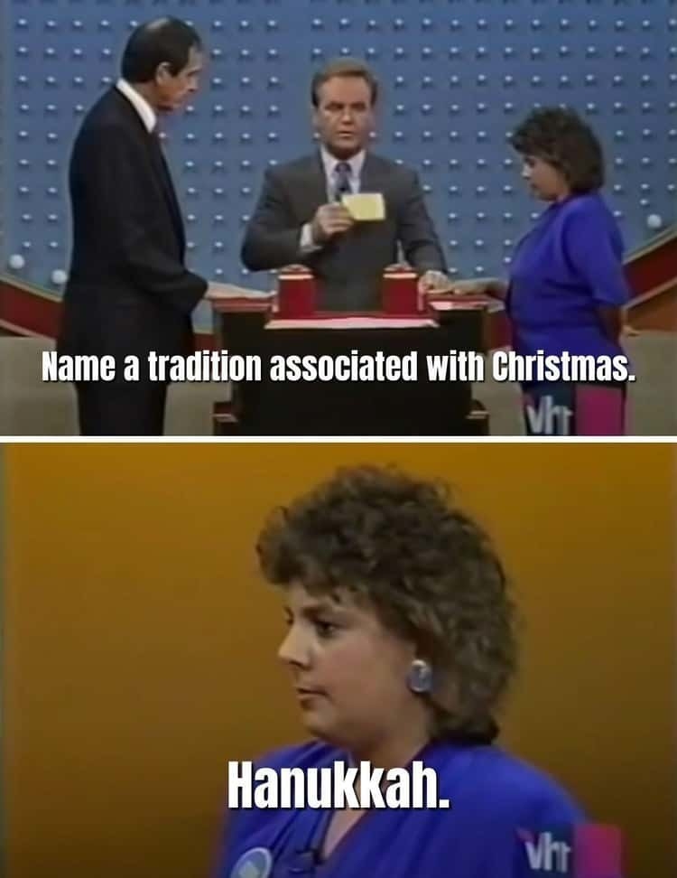 contestant says Hanukkah when asked to name a tradition associated with christmas