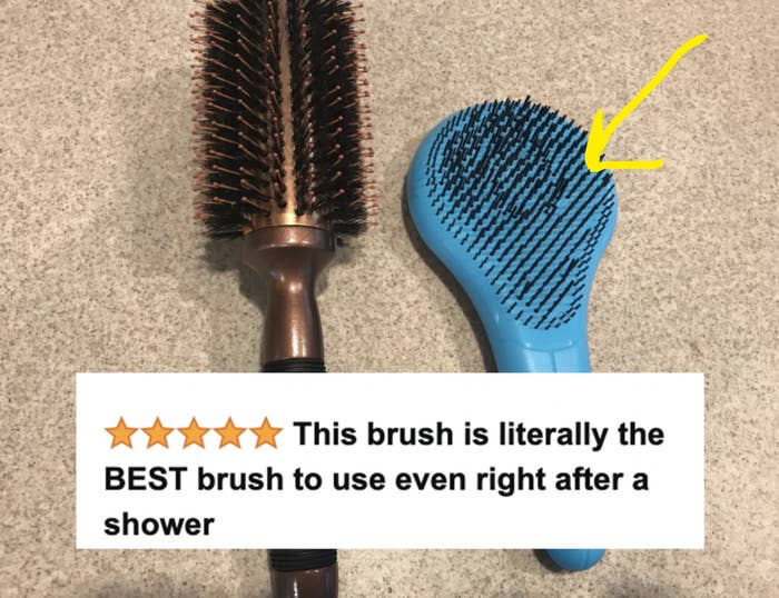 reviewer image of blue hairbrush with screenshotted review headline on top