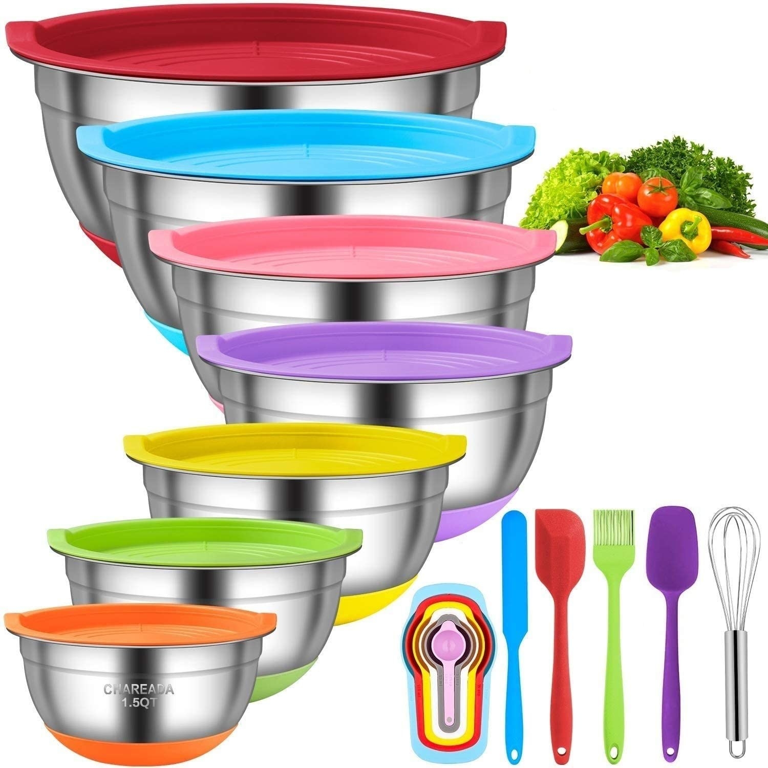The mixing bowl set with nested measuring spoons and various equipement