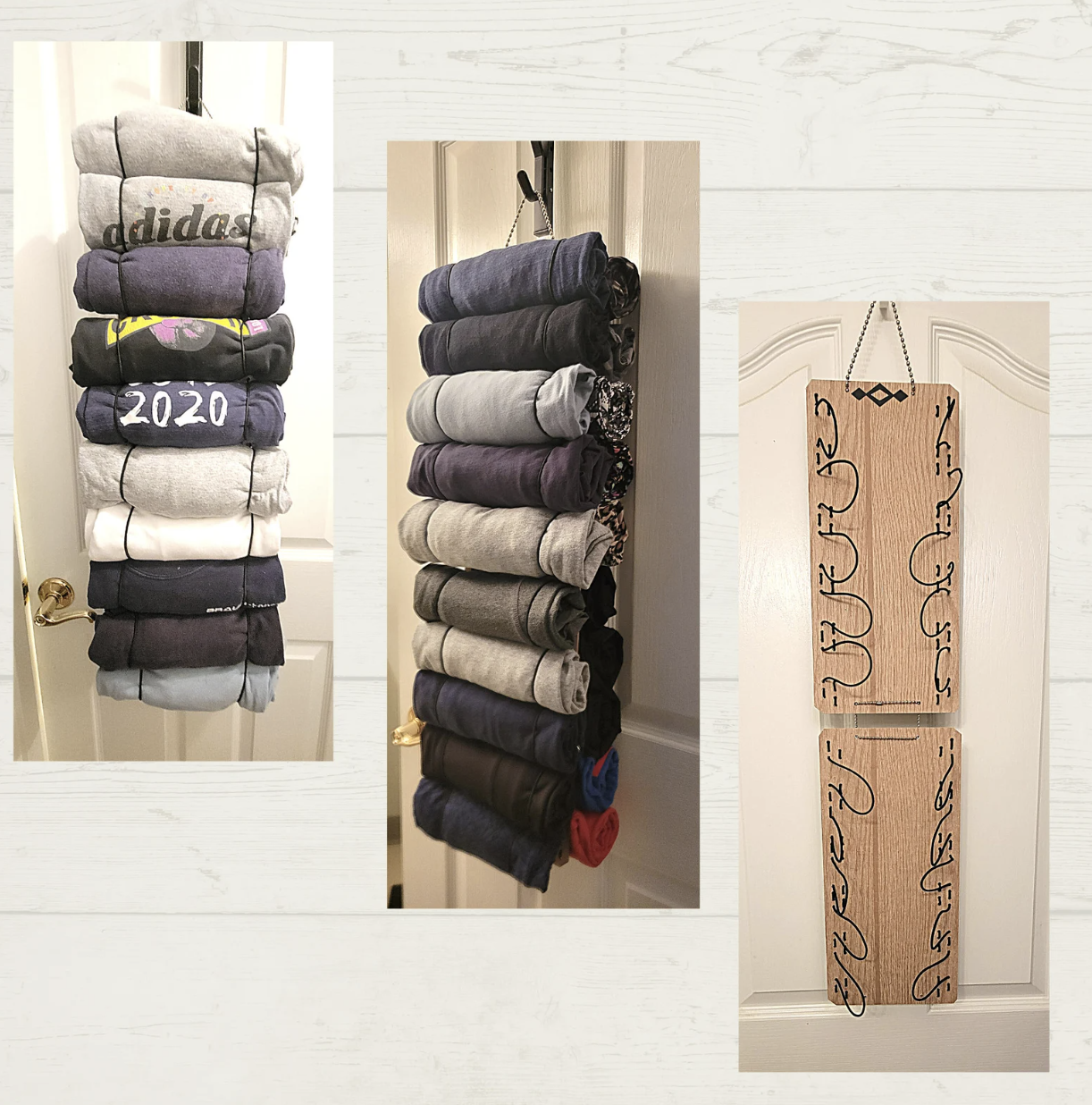 Roll keeper hanging on door with shirts placed in loops