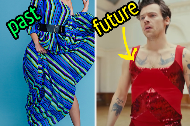 A woman is in a dress on the right labeled, "past" with Harry Styles on the right labeled, "future"