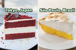 On the left, a slice of red velvet cake labeled Tokyo, Japan, and on the right, a slice of lemon meringue pie labeled São Paulo, Brazil