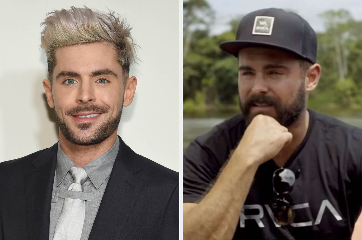 side by side of Efron at an event and filming on the show