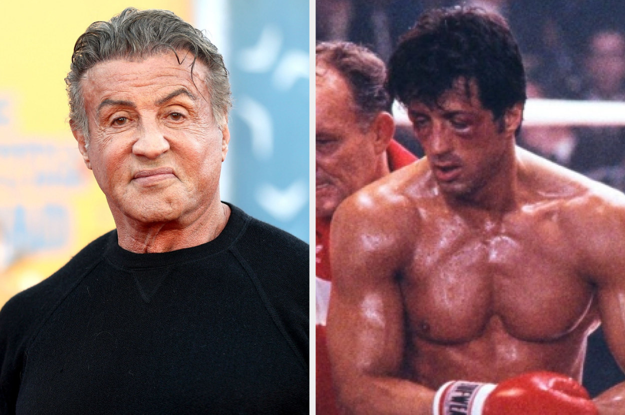 side by side close ups of Stallone at an event and as Rocky in the ring