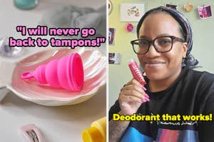 on the left a menstrual cup with text that reads "I will never go back to tampons"; on the right a buzzfeed writer holding a tube of nuud