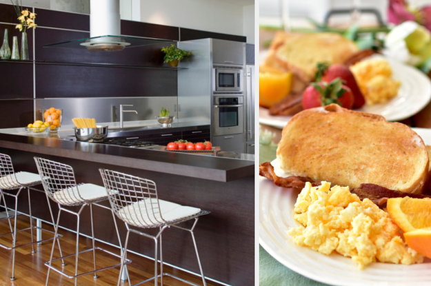 A modern kitchen is on the left with a plate of breakfast on the right