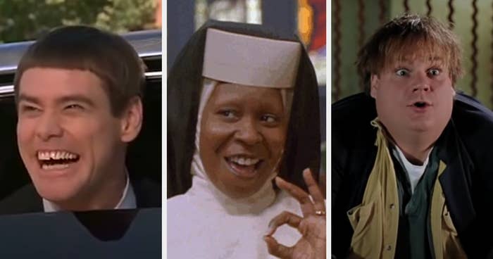 Jim Carrey as Lloyd smiles, Whoopi Goldberg as Deloris Van Cartier gives the A-OK sign, and Chris Farley as Tommy accidentally rips Richard&#x27;s coat