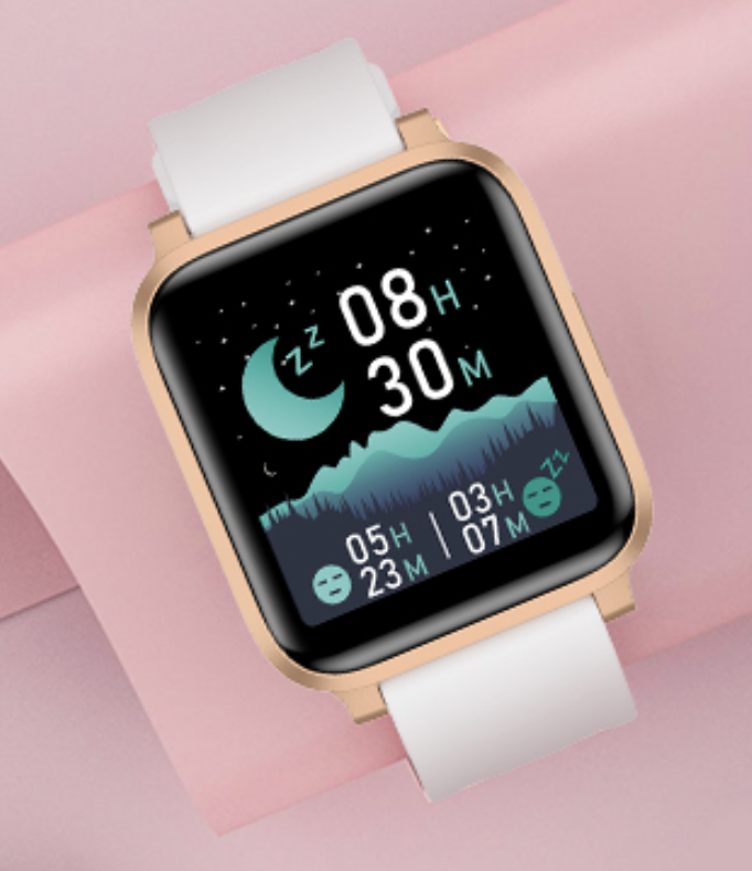 The smartwatch on a block with a clock, sleep tracker, and night-themed display