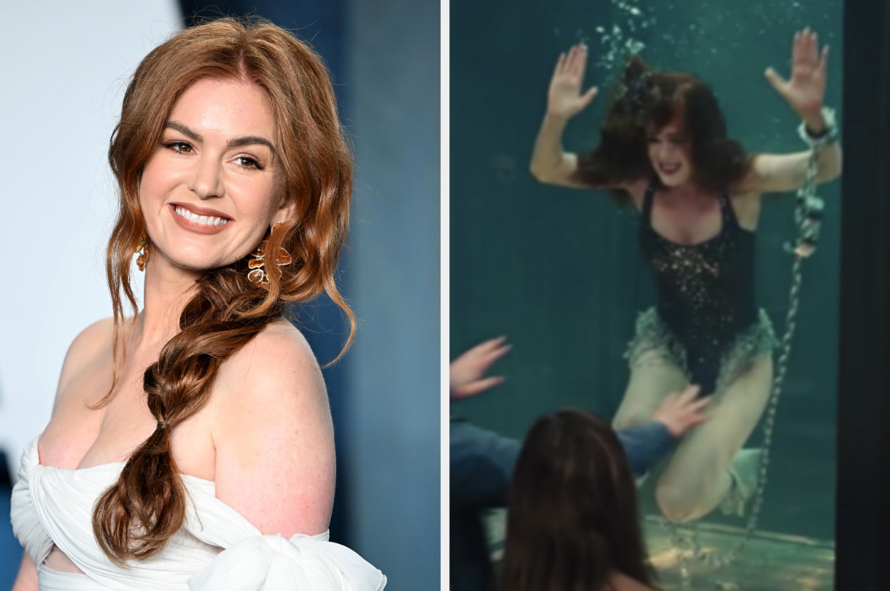 side by side of Isla on the red carpet and filming the underwater scene