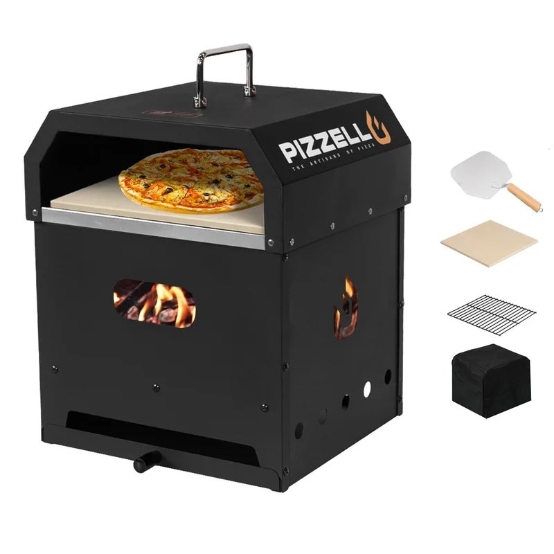 A black pizza oven with a pizza inside and other tools