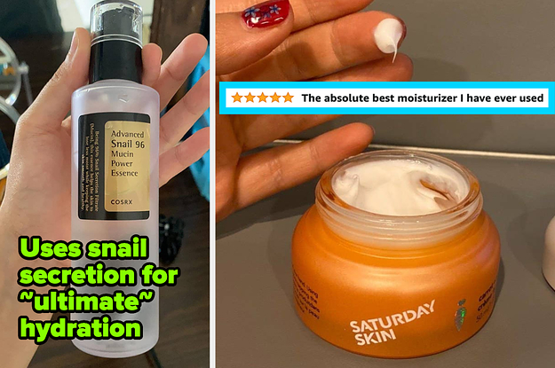 Reviewer image of clear bottle and black pump, reviewer image of white cream in orange container