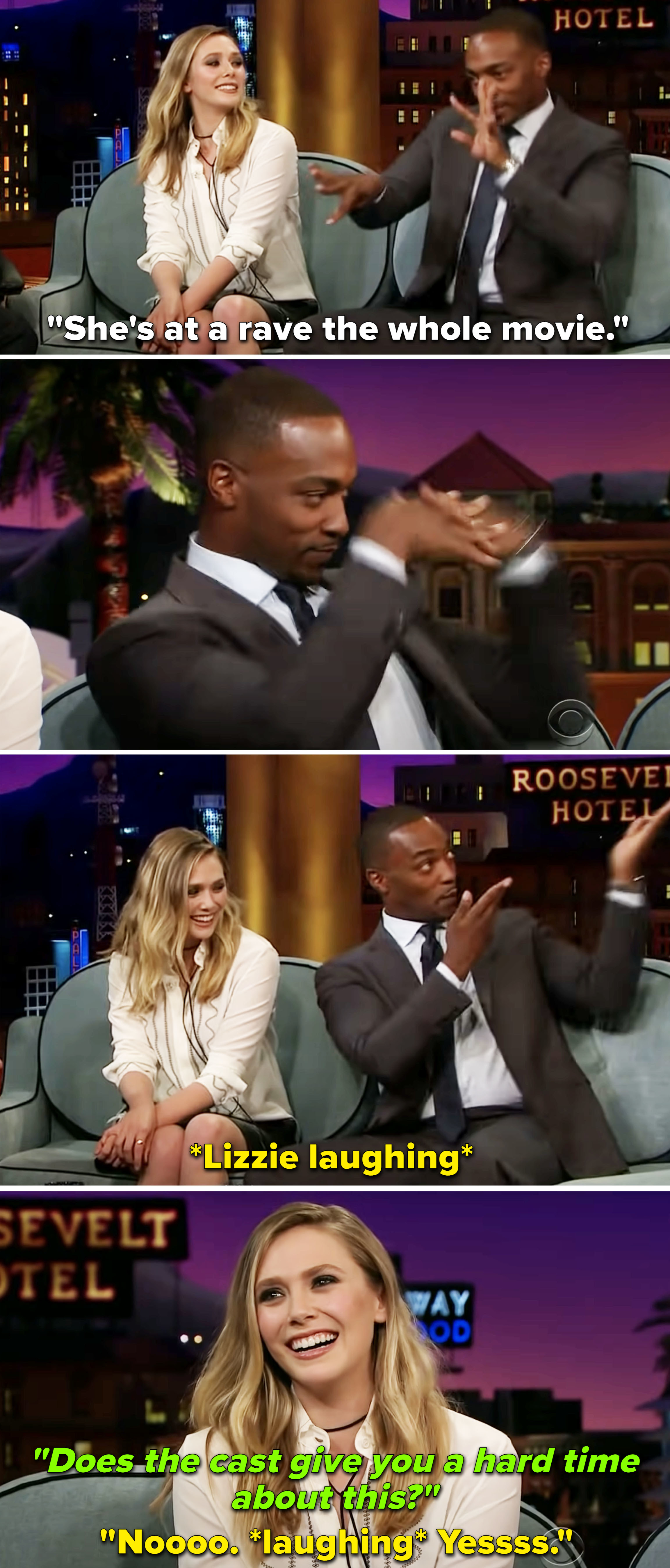 Elizabeth Olsen and Anthony Mackie on &quot;The Late Late Show with James Corden.&quot;